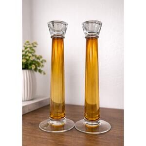 Vintage Amber Art Glass Candlesticks – Tall Bubble Glass Pair- Mid Century Style